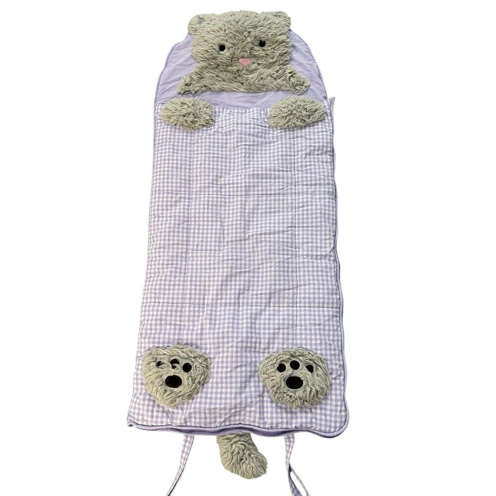Pottery Barn Kids Shaggy Head Cat Sleeping Bag Purple Gingham No Monogram